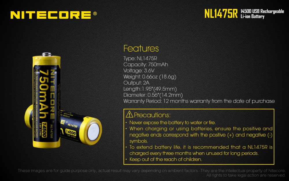 Dobíjecí USB baterie Li-Ion 14500 Nitecore 750mAh NL1475R