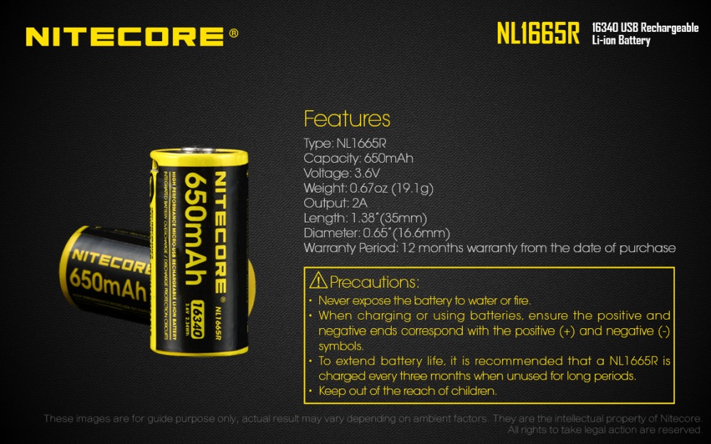 Dobíjecí USB baterie Nitecore 16340 650mAh (NL1665R)