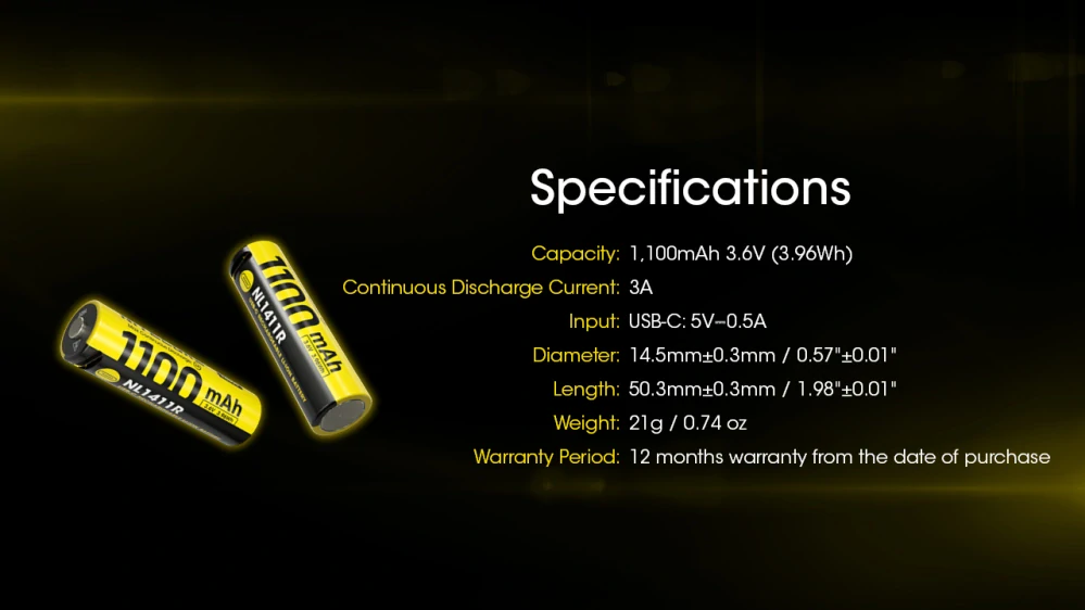Dobíjecí USB baterie Li-Ion 14500 Nitecore 1100mAh NL1411R