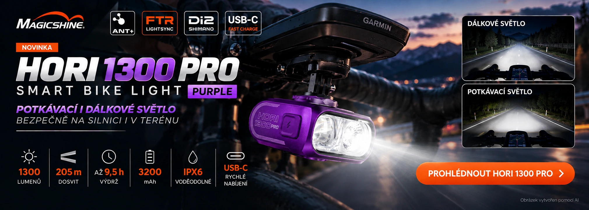 Magicshine HORI 1300 PRO Purple – přední světlo na kolo ve fialovém provedení. Prohlédnout produkt.